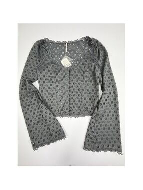 Free People Eyelet Lace Button Front Crop Top Gray Size XS Bell Sleeve Boho